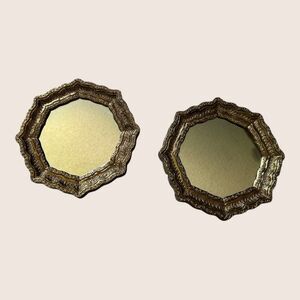 🪞 VTG BURNWOOD MCM DECORATIVE MIRRORS SET OF TWO OCTAGONS GOLD TONE BRASS 6.5"